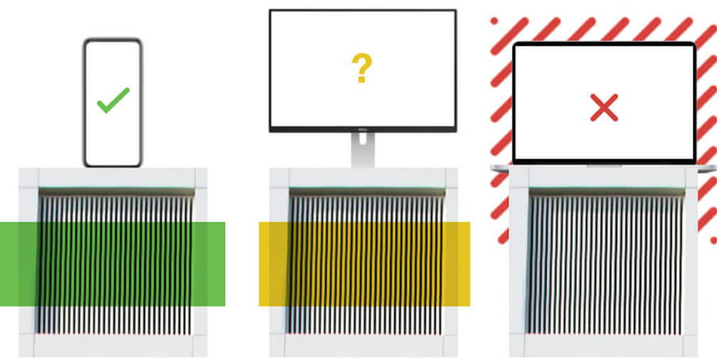 image of a computer screen with a question mark, mobile device with a check mark and a laptop with an x on it representing device security