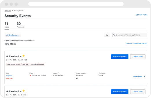 Security events screen where admins can view what events have authenticated successfully and what needs attention.