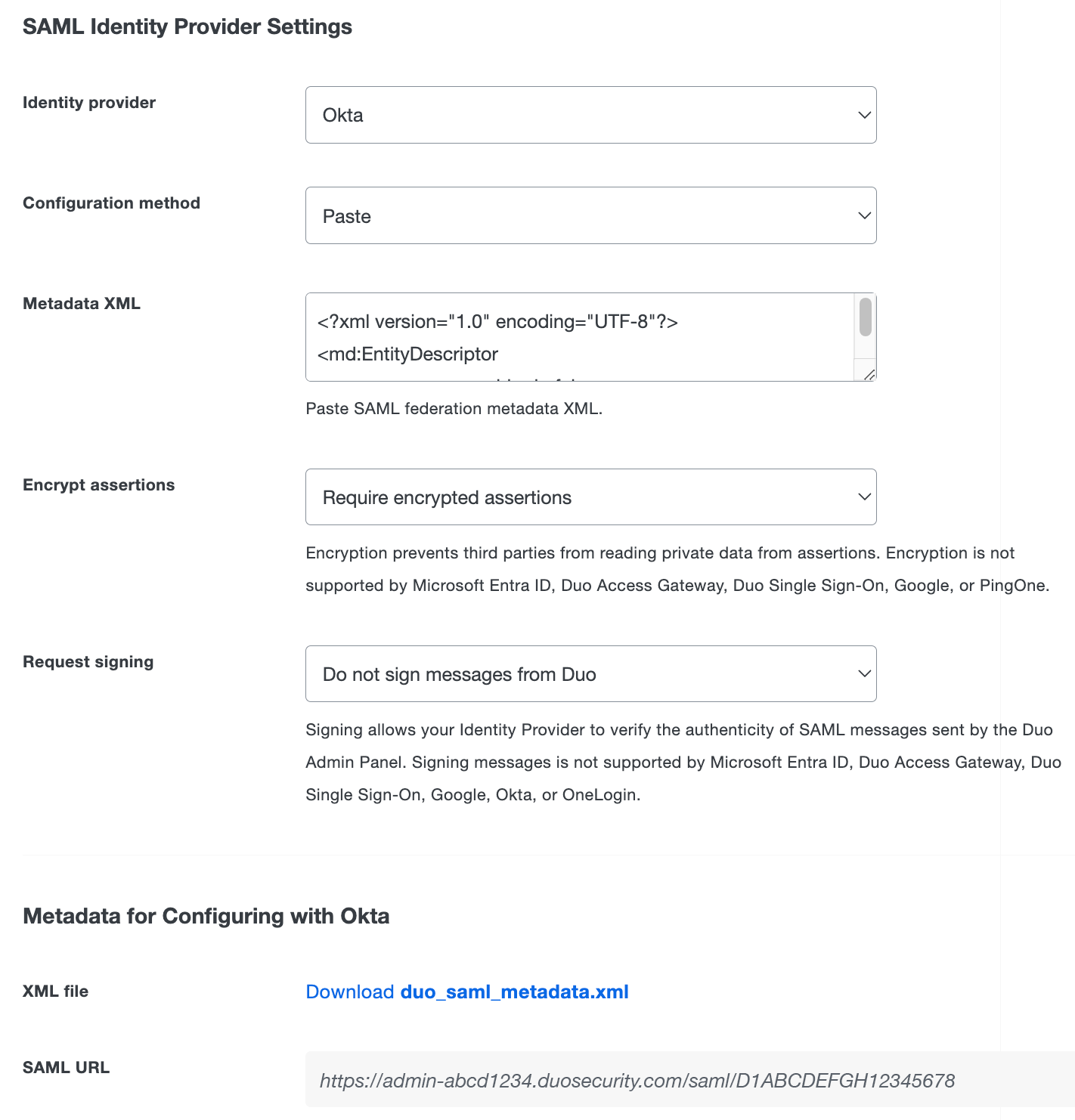 Duo Admin Panel Okta SAML Identity Provider Settings