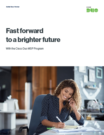 MSP Playbook Ebook cover: Fast forward to a brighter future with the Cisco Duo MSP Program.