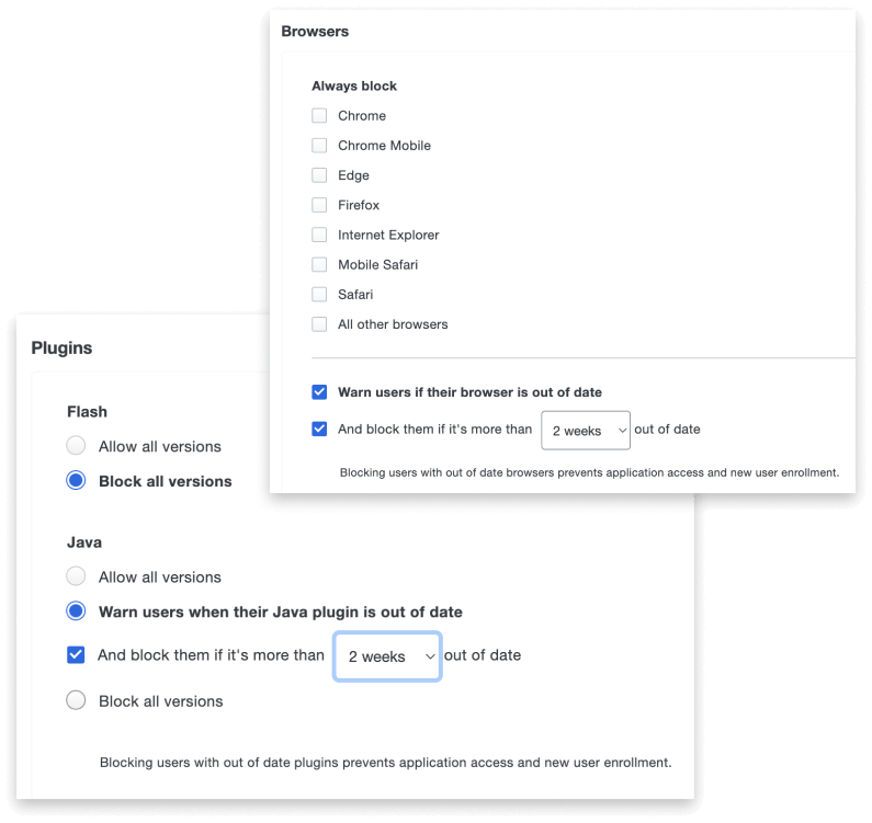 Two dashboard windows showing security set for plugins and browsers.