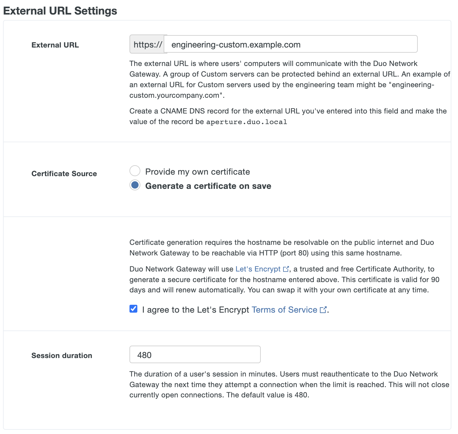 Configure Relay Host settings for Duo Network Gateway Custom server with Let's Encrypt