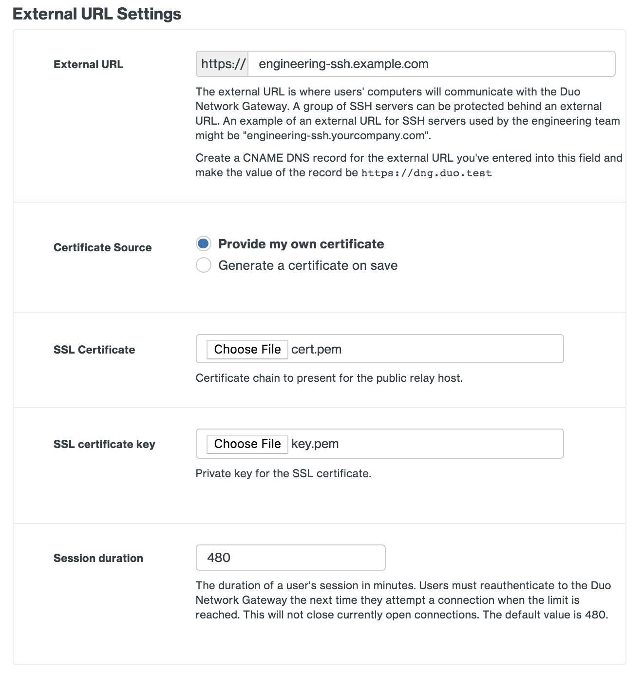 Configure External Website settings for Duo Network Gateway SSH server