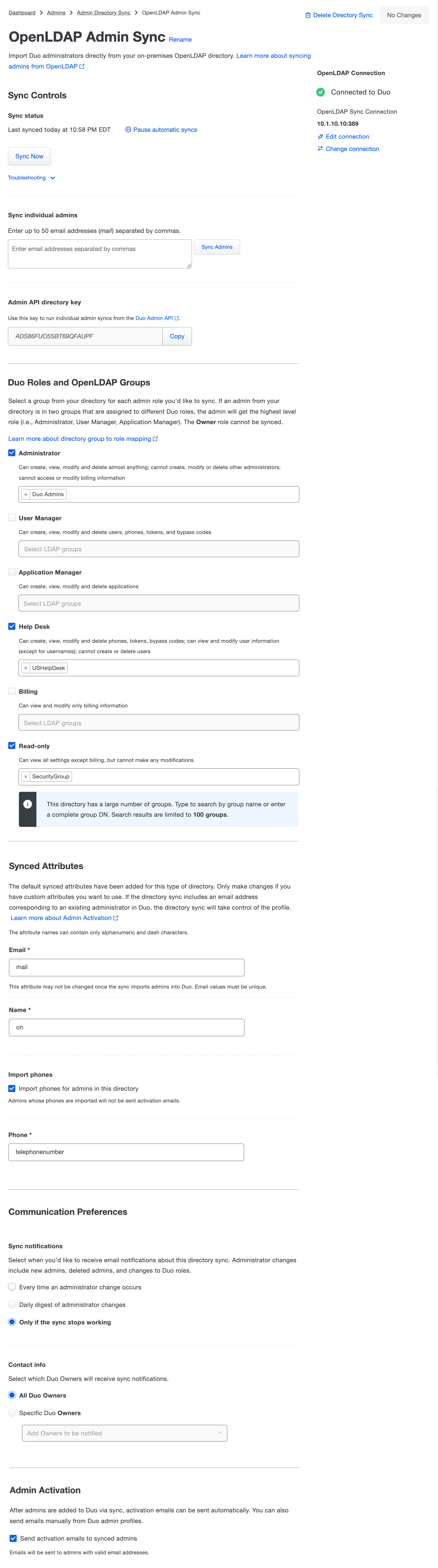 Configured Admin OpenLDAP Directory Sync