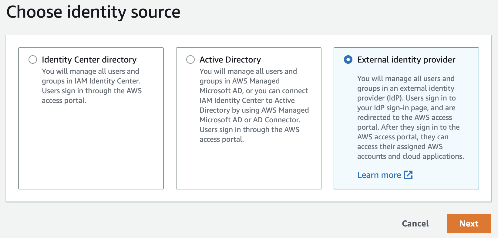 AWS IAM Identity Center Choose Identity Source