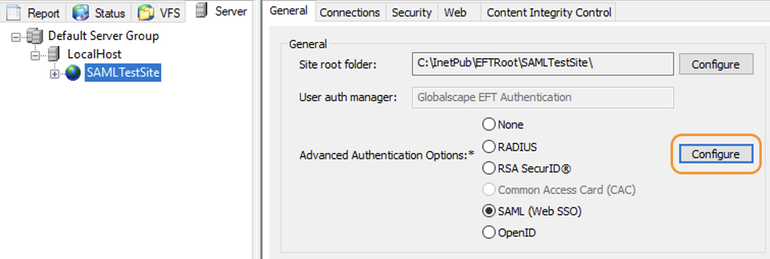 Globalscape EFT SAML (Web SSO) Configure Button