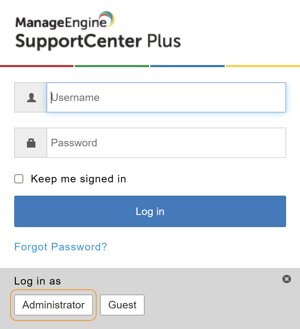 ManageEngine SupportCenter Plus Login Window