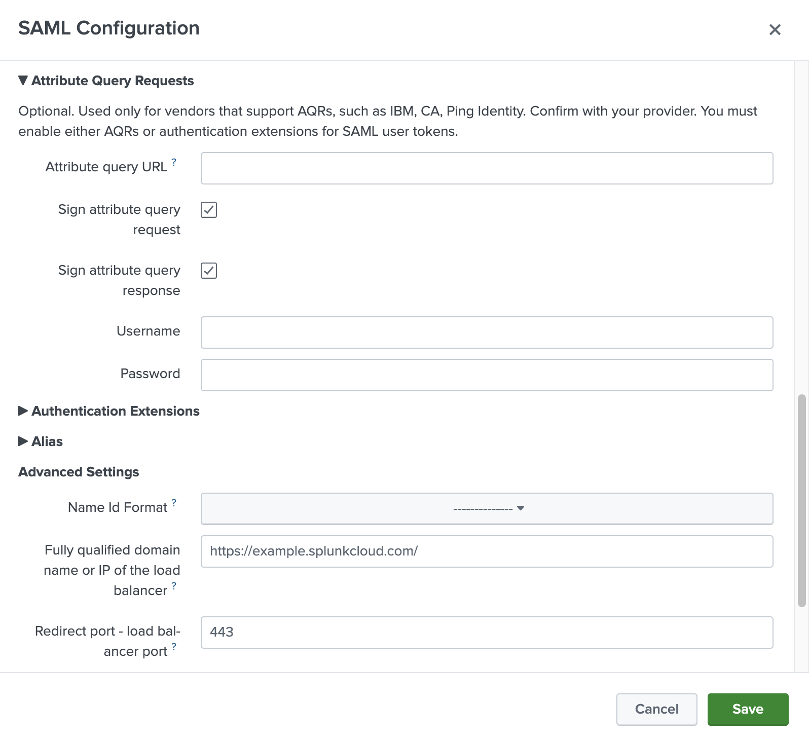 Splunk SAML Configuration Window