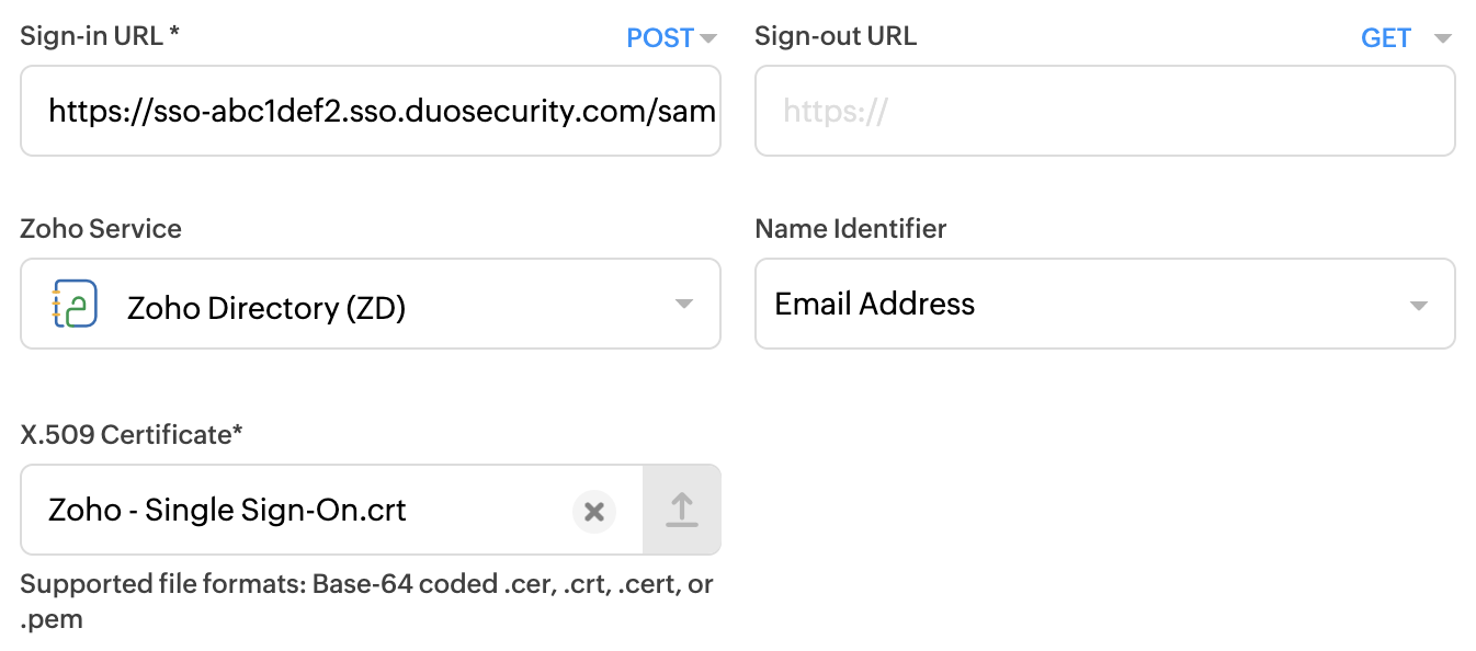 Zoho SAML Authentication Setup Window